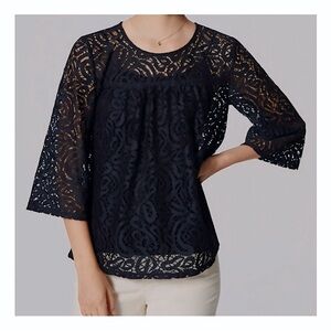 LOFT Navy Lace Cutout 3/4 Bell Sleeve Blouse Top Keyhole Back Sheer Size L NWT